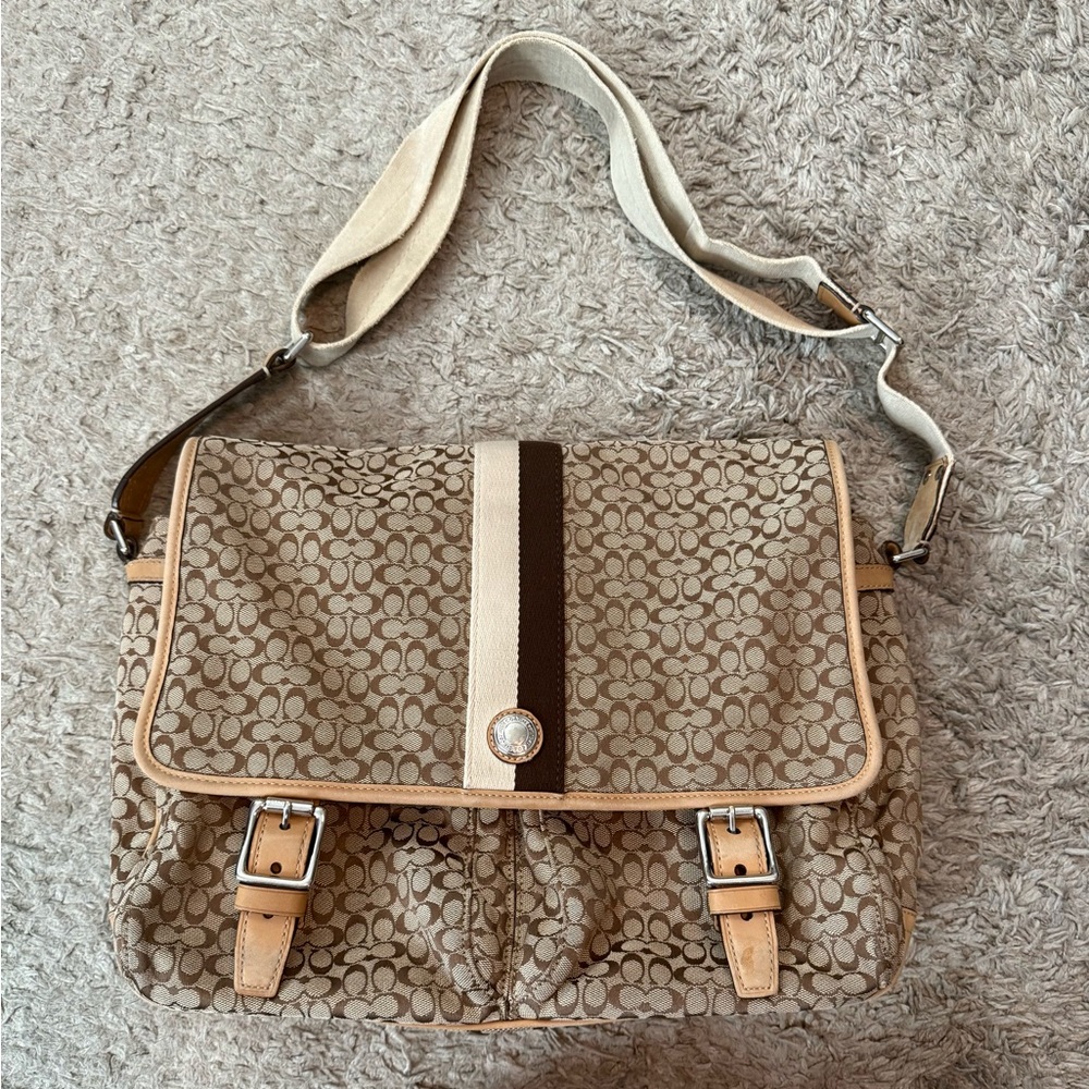 Coach Signature Voyager Messenger Bag No J0968-F70183 Tan, Beige, & Brown